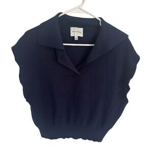 Pink Rose Knit Top Sleeveless Collared Ribbed Sweater Navy Blue‎ L